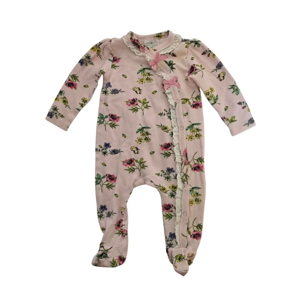 Laura Ashley Baby Girl Floral Footed Sleeper Pink Lace Bows 3-6 Months Cotton